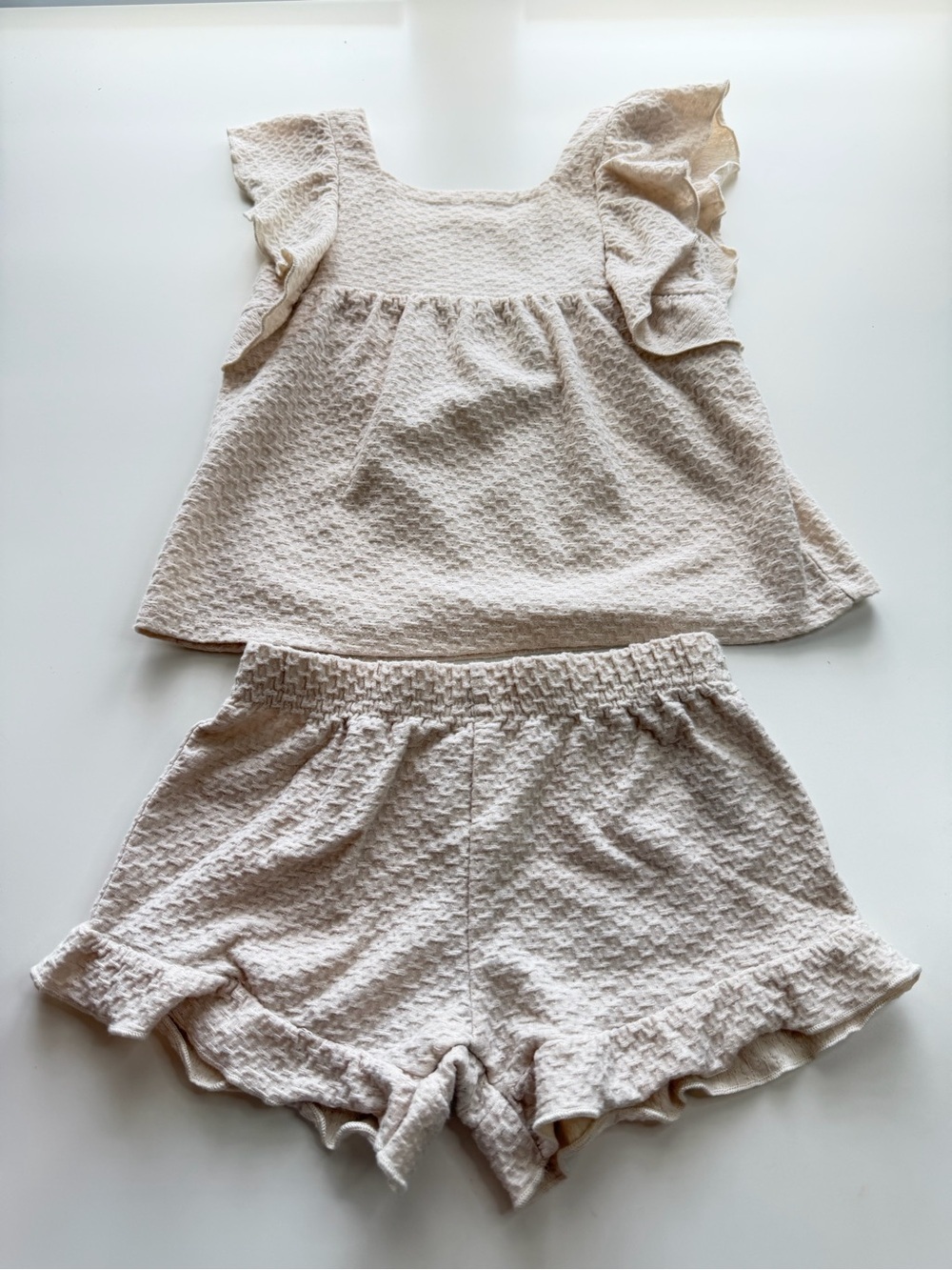 Girls Cream Ruffle Sleeve Top & Shorts Matching Set